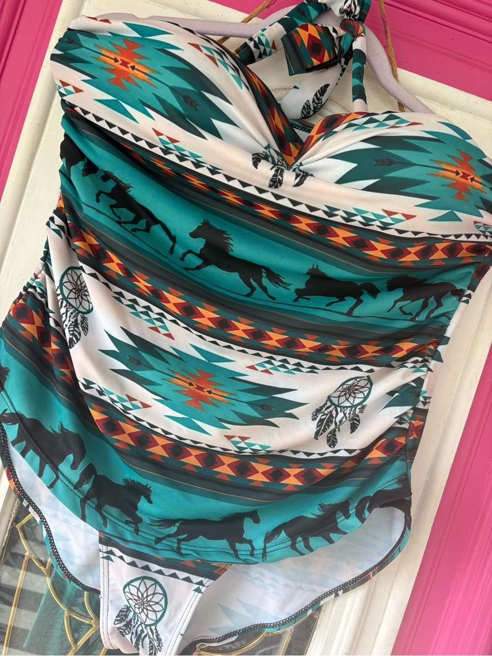 Amazon Women's Teal, White & Black Southwestern Horse One-Piece Swimsuit